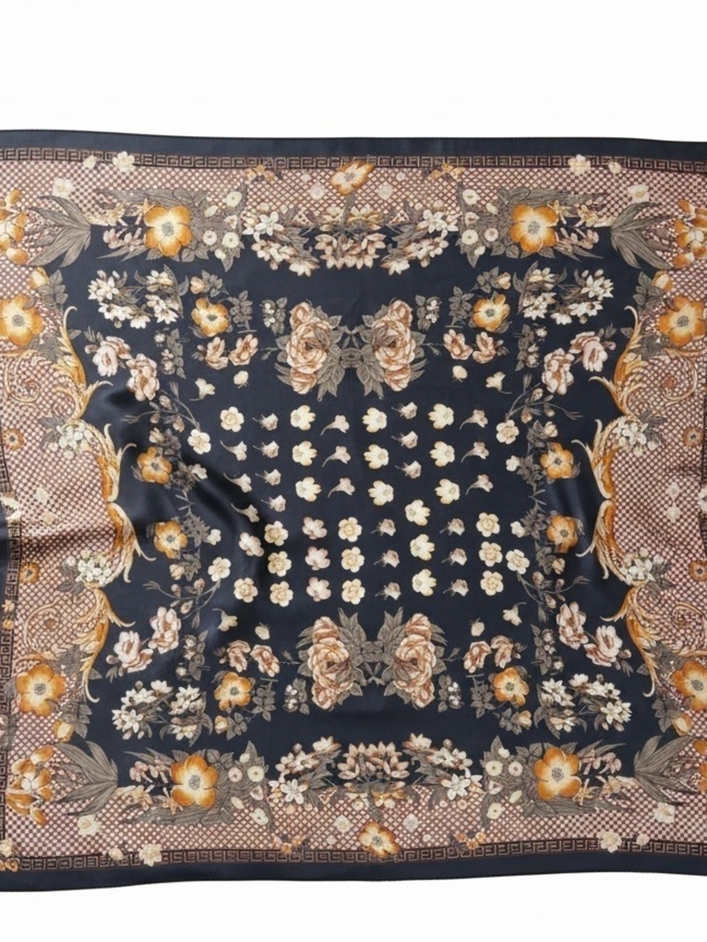 Floral Print Black and Gold Silk Scarf